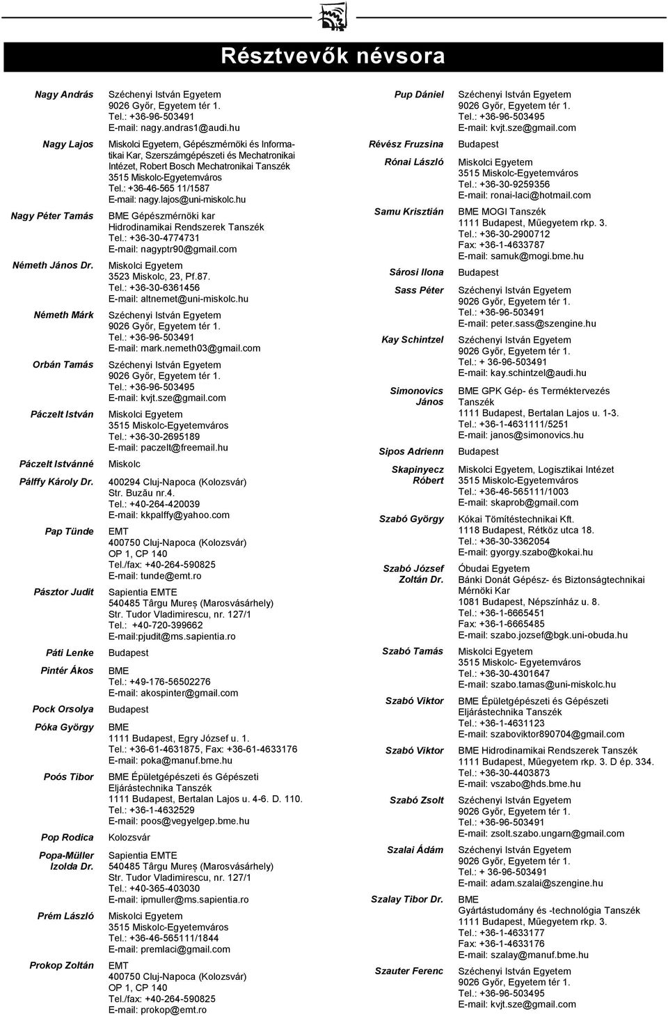 Prém László Prokop Zoltán, Gépészmérnöki és Informatikai Kar, Szerszámgépészeti és Mechatronikai Intézet, Robert Bosch Mechatronikai Tanszék Tel.: +36-46-565 11/1587 E-mail: nagy.lajos@uni-miskolc.