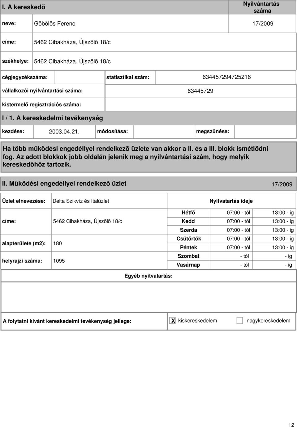 Mûködési engedéllyel rendelkezõ üzlet 17/2009 Delta Szikvíz és Italüzlet címe: 5462 Cibakháza, Újszõlõ 18/c alapterülete