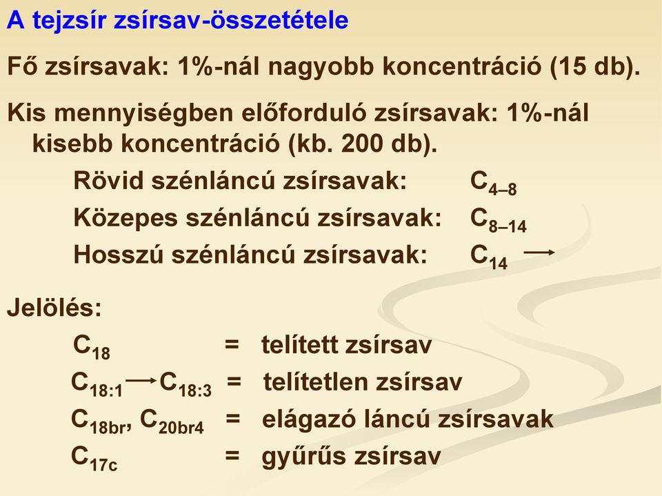 Jelölés: Rövid szénláncú zsírsavak: C 4 8 Közepes szénláncú zsírsavak: C 8 14 Hosszú szénláncú