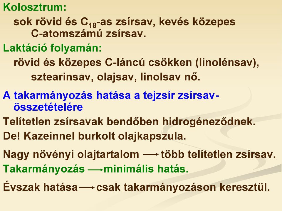 A takarmányozás hatása a tejzsír zsírsavösszetételére Telítetlen zsírsavak bendőben hidrogéneződnek. De!