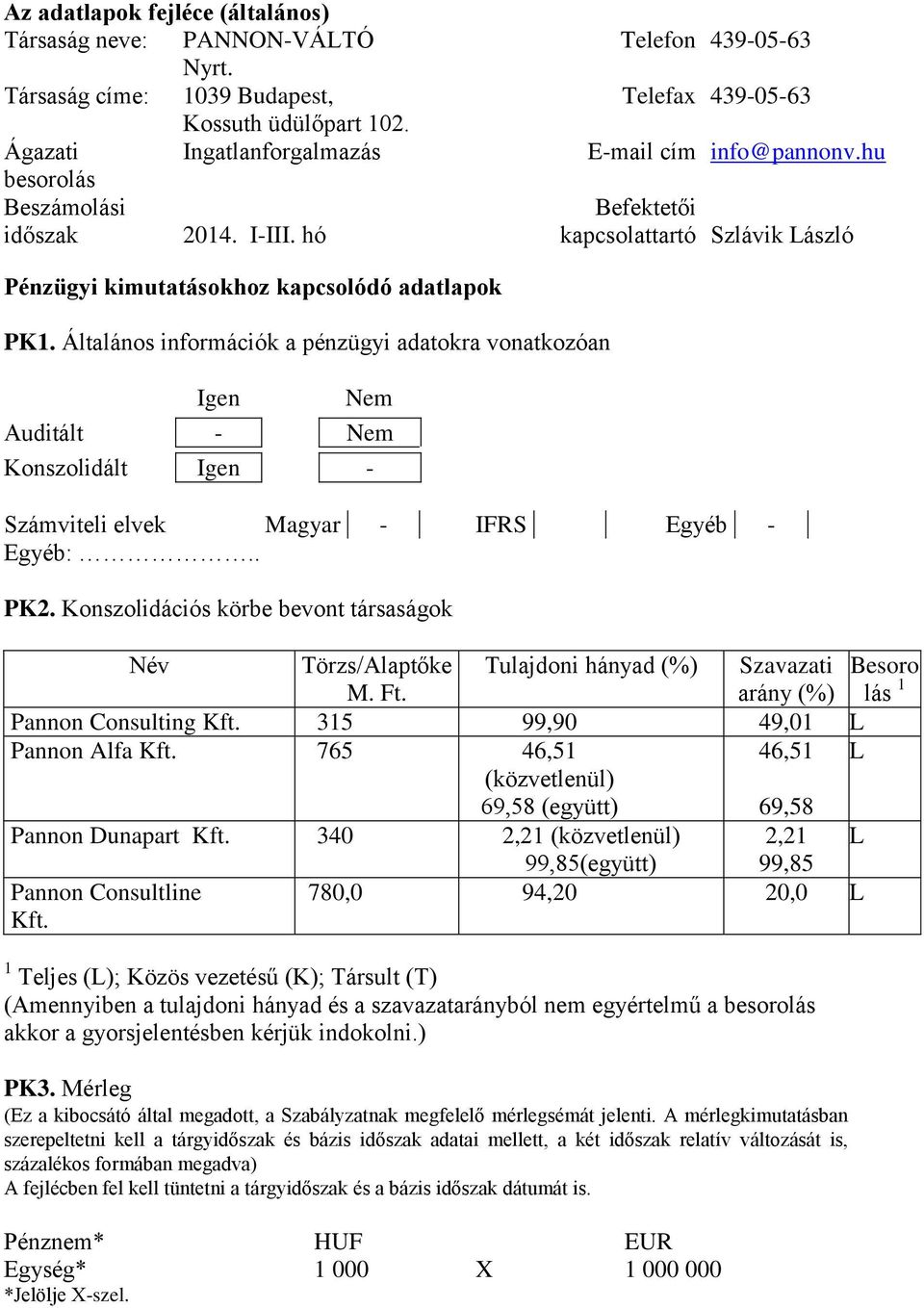 Általános információk a pénzügyi adatokra vonatkozóan Igen Nem Auditált - Nem Konszolidált Igen - Számviteli elvek Magyar - IFRS Egyéb - Egyéb:.. PK2.