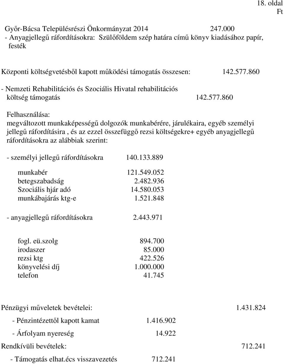 860 - Nemzeti Rehabilitációs és Szociális Hivatal rehabilitációs költség támogatás 142.577.