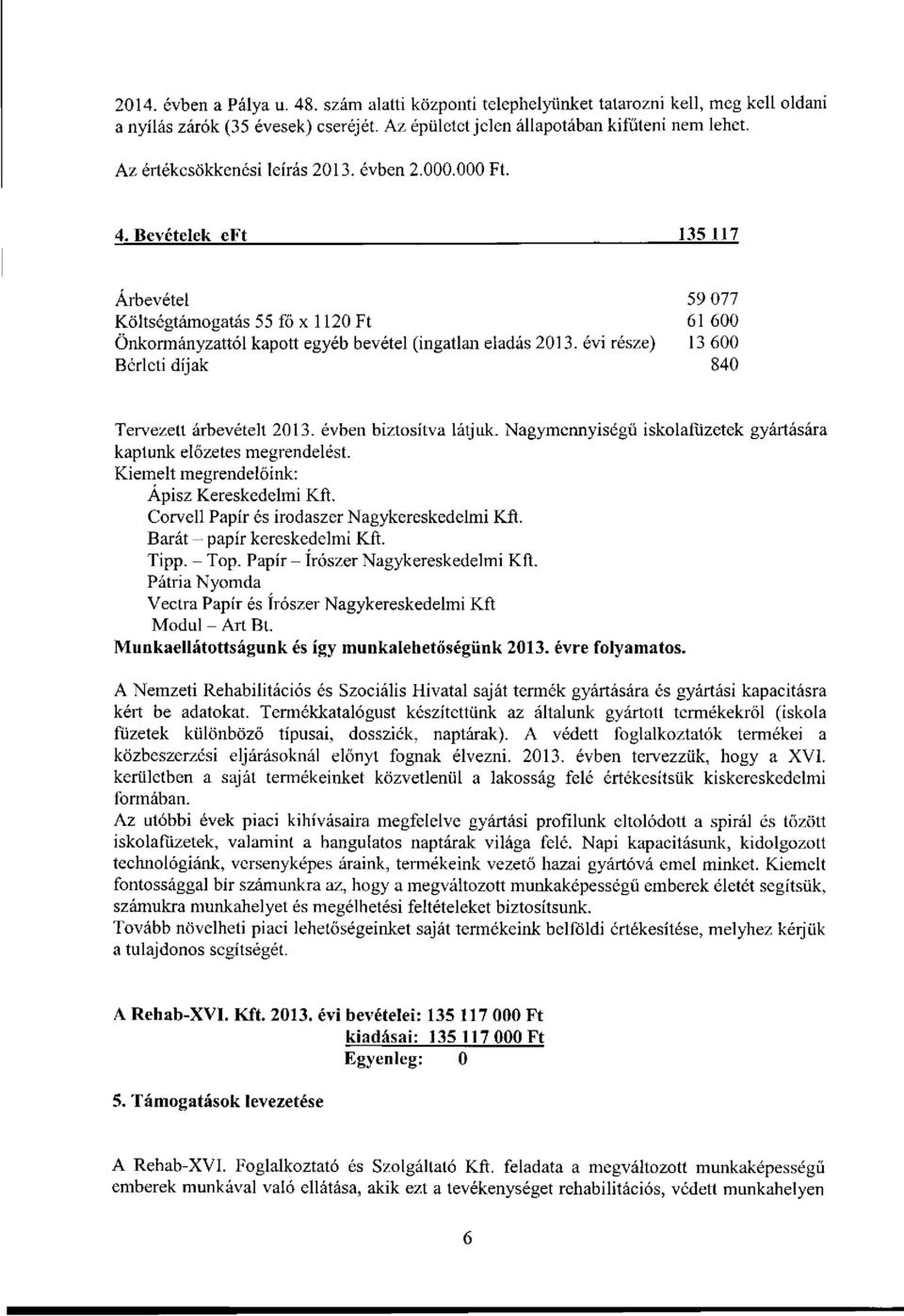 évi része) 13 600 Bérleti díjak 840 Tervezett árbevételt 2013. évben biztosítva látjuk. Nagymennyiségű iskolafüzetek gyártására kaptunk előzetes megrendelést.