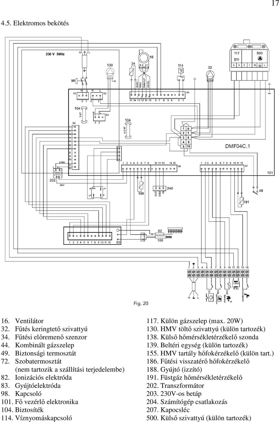 Szobatermosztát 186. Főtési visszatérı hıfokérzékelı (nem tartozik a szállítási terjedelembe) 188. Gyújtó (izzító) 82. Ionizációs elektróda 191. Füstgáz hımérsékletérzékelı 83.