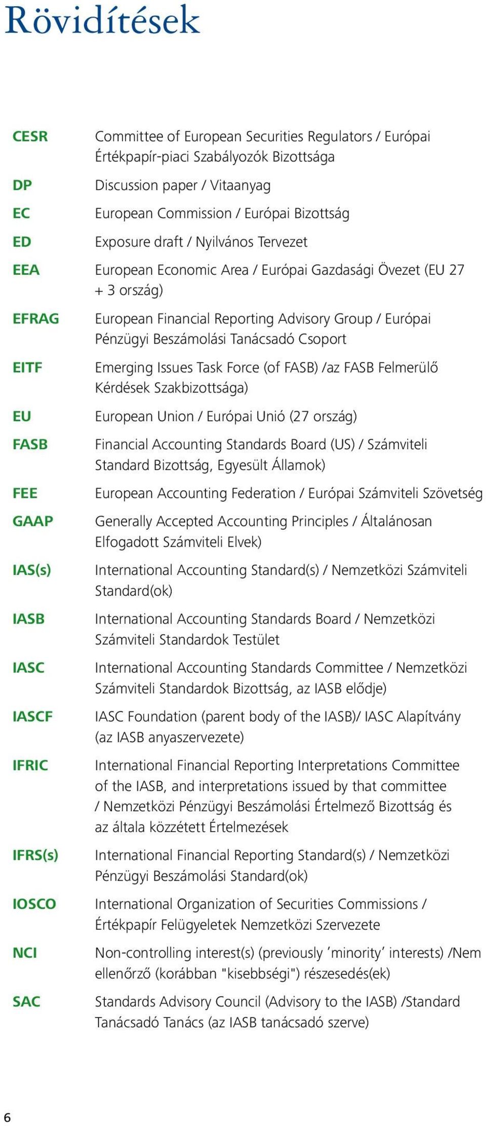 Advisory Group / Európai Pénzügyi Beszámolási Tanácsadó Csoport Emerging Issues Task Force (of FASB) /az FASB Felmerülő Kérdések Szakbizottsága) European Union / Európai Unió (27 ország) Financial