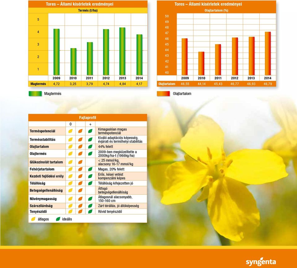 Kiváló adaptációs képesség, évjárati és termőhelyi stabilitás Olajtartalom 44% felett Olajtermés 2009-ben megközelítette a 2000kg/ha-t (1966kg/ha) Glükozinolát tartalom < 25 mmol/kg, alacsony 16-17