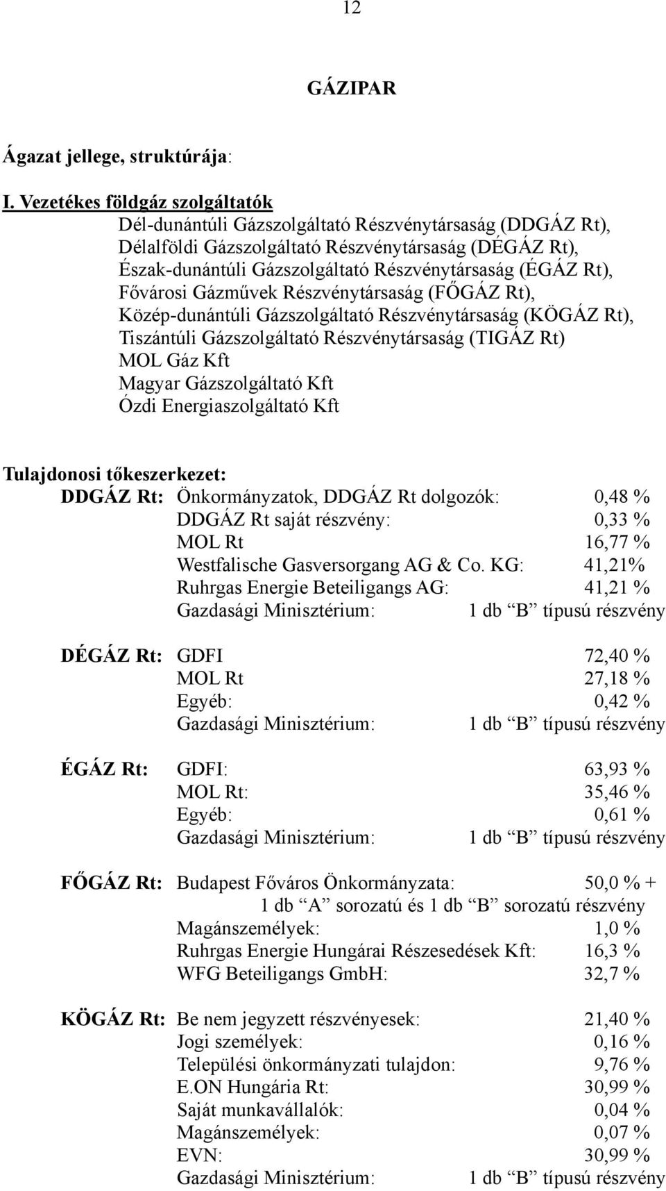 Rt), Fővárosi Gázművek Részvénytársaság (FŐGÁZ Rt), Közép-dunántúli Gázszolgáltató Részvénytársaság (KÖGÁZ Rt), Tiszántúli Gázszolgáltató Részvénytársaság (TIGÁZ Rt) MOL Gáz Kft Magyar Gázszolgáltató