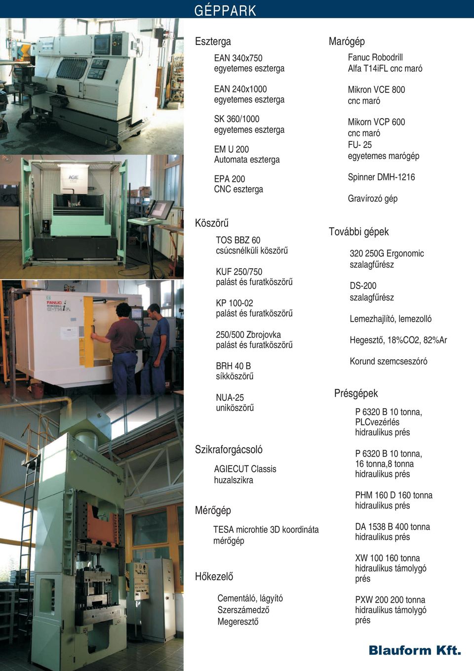 TESA microhtie 3D koordináta mérõgép Hõkezelõ Cementáló, lágyító Szerszámedzõ Megeresztõ Marógép Fanuc Robodrill Alfa T14iFL cnc maró Mikron VCE 800 cnc maró Mikorn VCP 600 cnc maró FU- 25 egyetemes