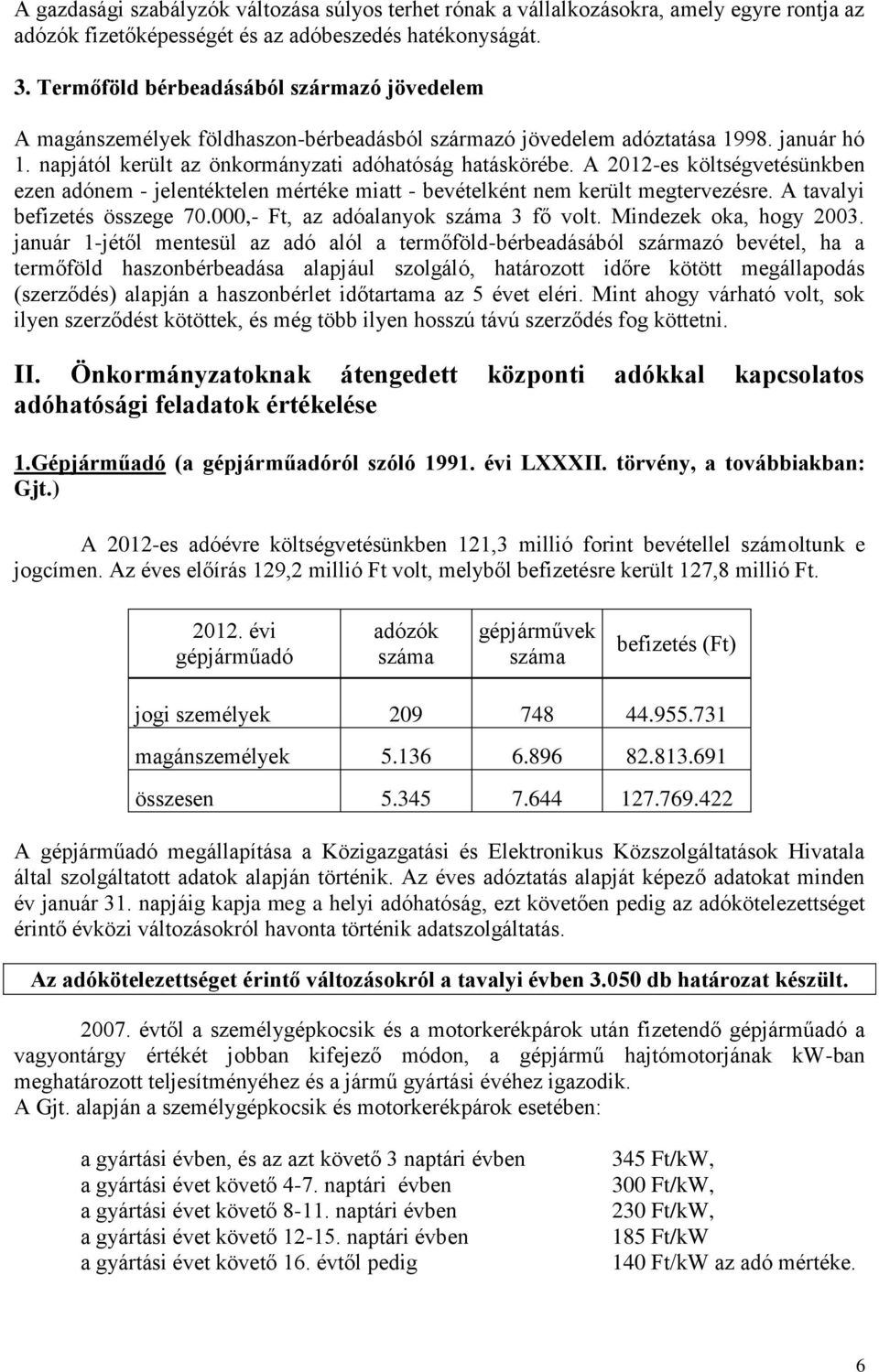 A 2012-es költségvetésünkben ezen adónem - jelentéktelen mértéke miatt - bevételként nem került megtervezésre. A tavalyi befizetés összege 70.000,- Ft, az adóalanyok száma 3 fő volt.