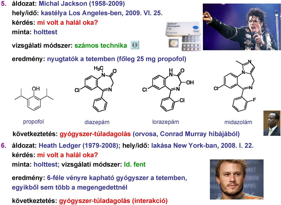 következtetés: gyógyszer-túladagolás (orvosa, Conrad Murray hibájából) 6. áldozat: Heath Ledger (1979-2008); hely/idő: lakása New York-ban, 2008. I. 22.