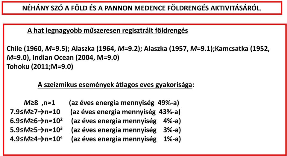 0) A szeizmikus események átlagos eves gyakorisága: M 8,n 1 (az éves energia mennyiség 49%-a) 7.