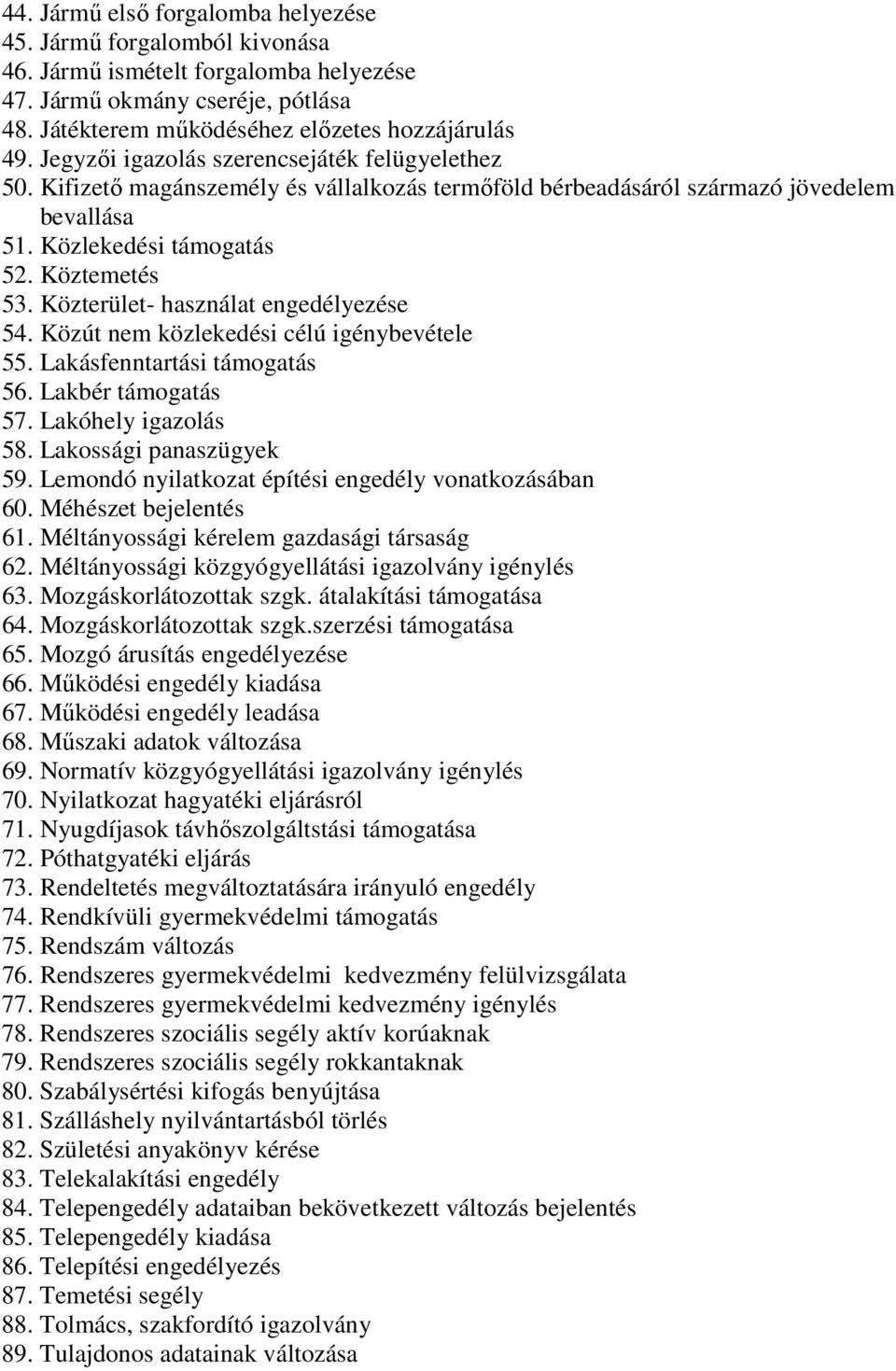 Közterület- használat engedélyezése 54. Közút nem közlekedési célú igénybevétele 55. Lakásfenntartási támogatás 56. Lakbér támogatás 57. Lakóhely igazolás 58. Lakossági panaszügyek 59.