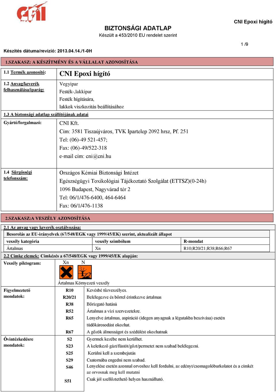 Cím: 3581 Tiszaújváros, TVK Ipartelep 2092 hrsz, Pf. 251 Tel: (06)-49 521-457; Fax: (06)-49/522-318 e-mail cím: cni@cni.hu 1.