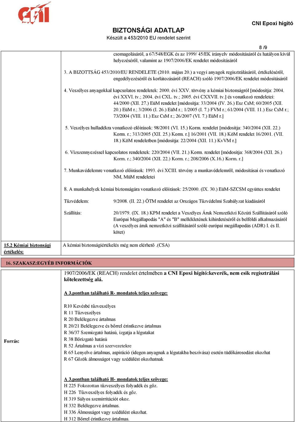 évi XXV. törvény a kémiai biztonságról [módosítja: 2004. évi XXVI. tv.; 2004. évi CXL. tv.; 2005. évi CXXVII. tv.] és vonatkozó rendeletei: 44/2000 (XII. 27.) EüM rendelet [módosítja: 33/2004 (IV. 26.