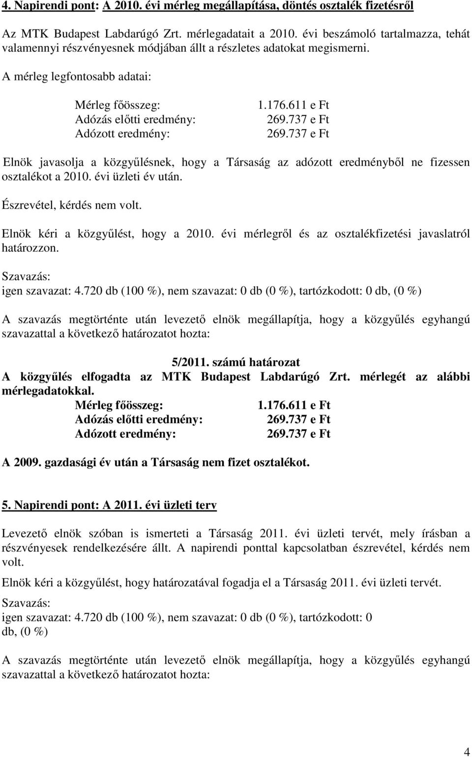 611 e Ft Elnök javasolja a közgyűlésnek, hogy a Társaság az adózott eredményből ne fizessen osztalékot a 2010. évi üzleti év után. Észrevétel, kérdés nem volt. Elnök kéri a közgyűlést, hogy a 2010.