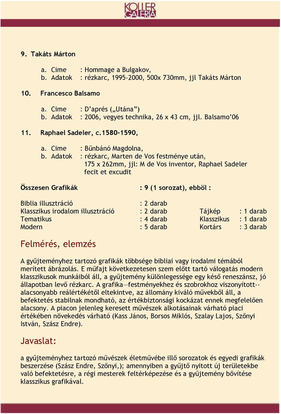 Adatok : rézkarc, Marten de Vos festménye után, 175 x 262mm, jjl: M de Vos inventor, Raphael Sadeler fecit et excudit Összesen Grafikák : 9 (1 sorozat), ebböl : Biblia illusztráció : 2 darab