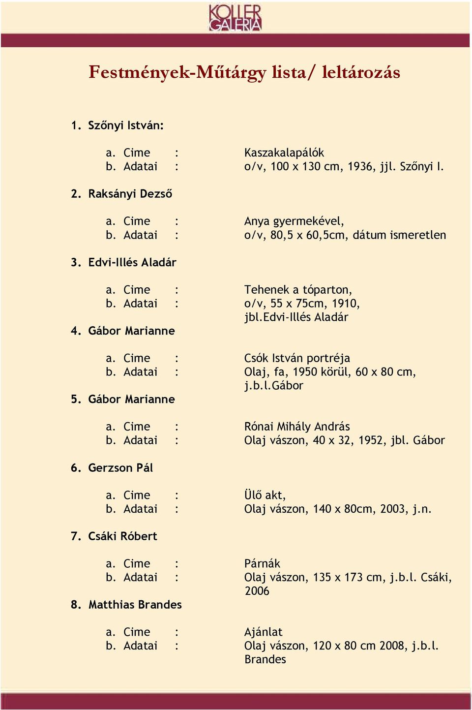 Cime : Csók István portréja b. Adatai : Olaj, fa, 1950 körül, 60 x 80 cm, j.b.l.gábor 5. Gábor Marianne a. Cime : Rónai Mihály András b. Adatai : Olaj vászon, 40 x 32, 1952, jbl. Gábor 6.