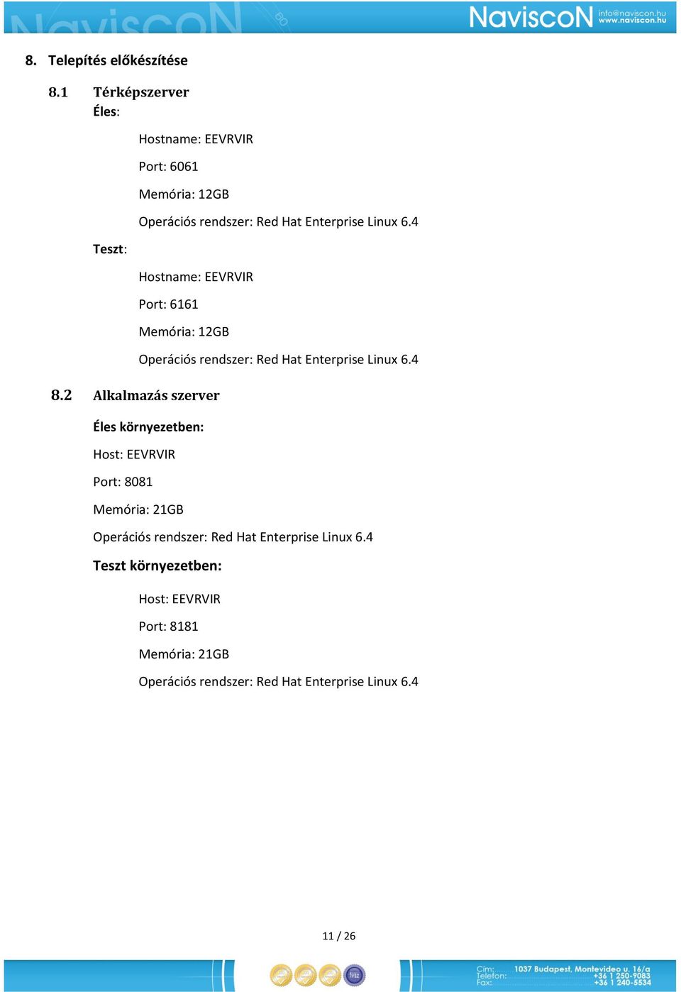 4 Hostname: EEVRVIR Port: 6161 Memória: 12GB 8.2 Alkalmazás szerver Operációs rendszer: Red Hat Enterprise Linux 6.