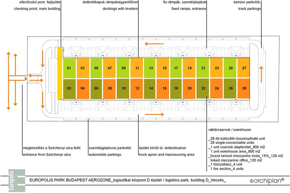 Széchenyi utca személygépkocsi parkolók automobile parkings épület körüli út, dokkolóudvar truck apron and manoeuvring area _28 db különálló-összenyitható unit 28