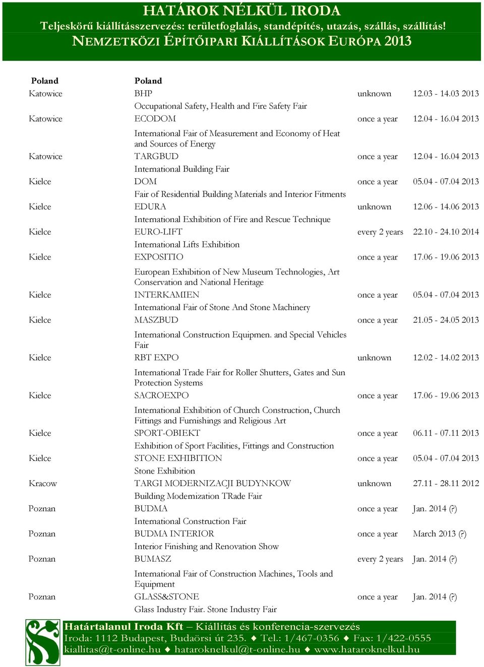 04 2013 Fair of Residential Building Materials and Interior Fitments Kielce EDURA unknown 12.06-14.06 2013 International Exhibition of Fire and Rescue Technique Kielce EURO-LIFT every 2 years 22.