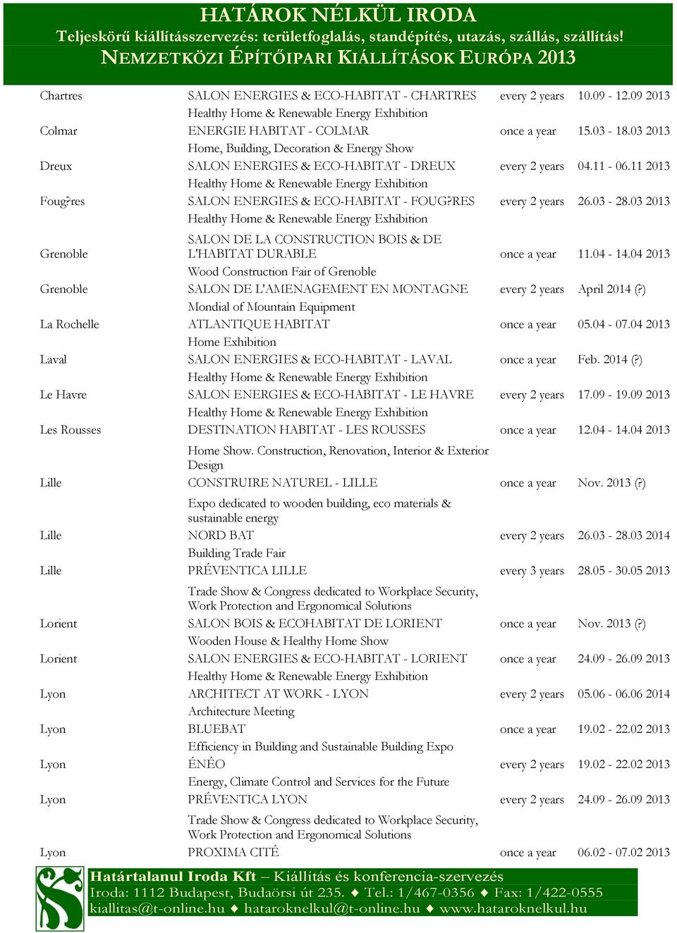 res SALON ENERGIES & ECO-HABITAT - FOUG?RES every 2 years 26.03-28.03 2013 Healthy Home & Renewable Energy Exhibition Grenoble SALON DE LA CONSTRUCTION BOIS & DE L'HABITAT DURABLE once a year 11.
