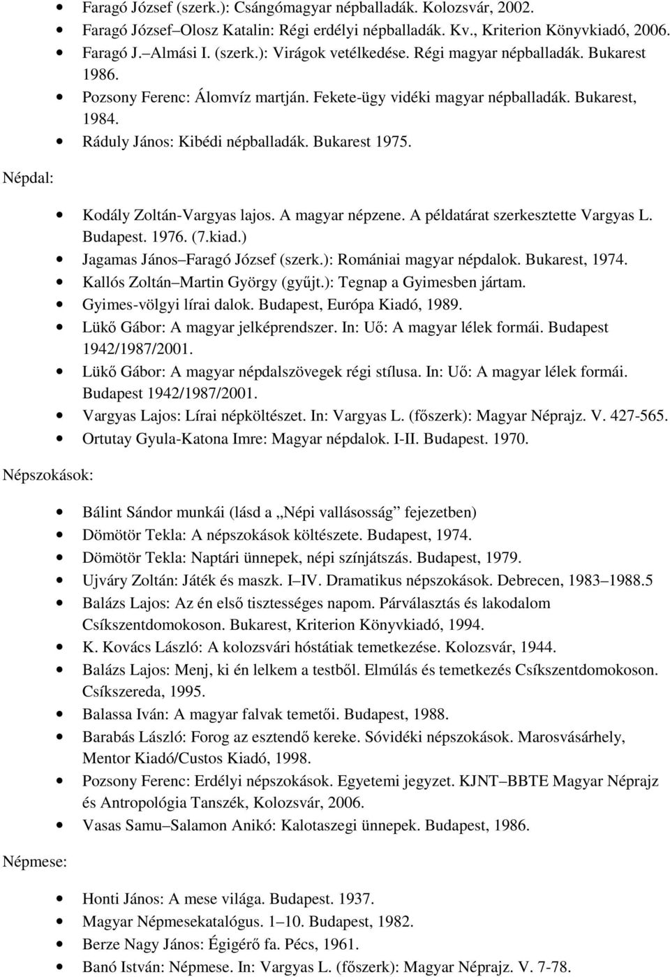 Bukarest 1975. Kodály Zoltán-Vargyas lajos. A magyar népzene. A példatárat szerkesztette Vargyas L. Budapest. 1976. (7.kiad.) Jagamas János Faragó József (szerk.): Romániai magyar népdalok.