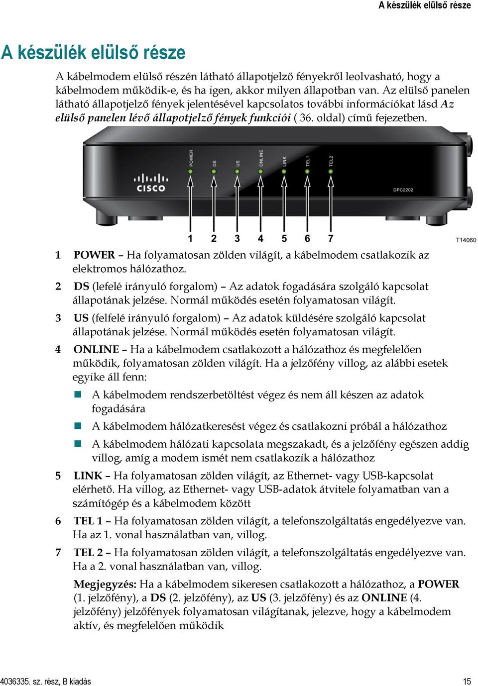 1 POWER Ha folyamatosan zölden világít, a kábelmodem csatlakozik az elektromos hálózathoz. 2 DS (lefelé irányuló forgalom) Az adatok fogadására szolgáló kapcsolat állapotának jelzése.