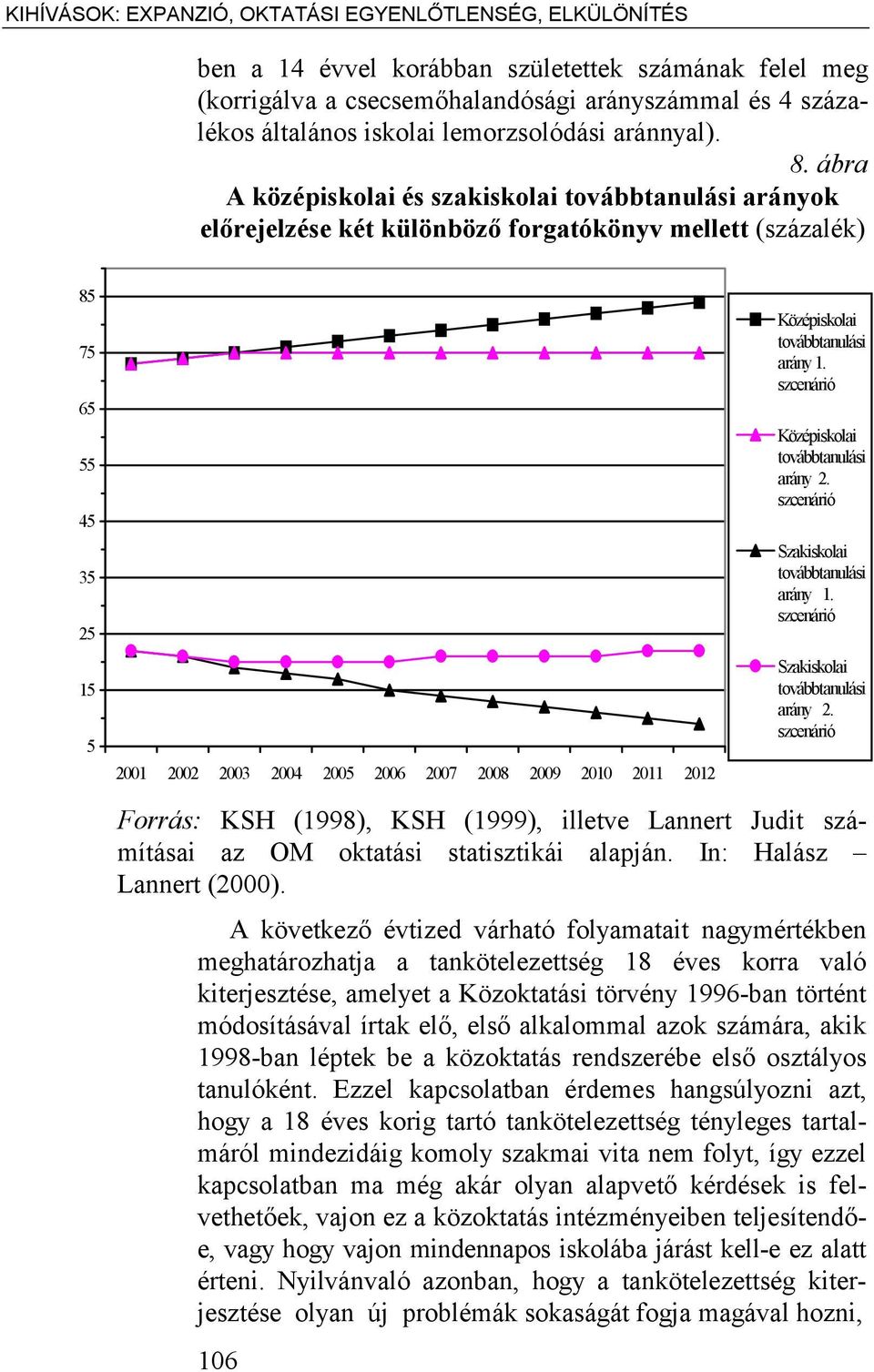 ábra A középiskolai és szakiskolai továbbtanulási arányok előrejelzése két különböző forgatókönyv mellett (százalék) 85 75 65 55 45 35 25 15 5 2001 2002 2003 2004 2005 2006 2007 2008 2009 2010 2011