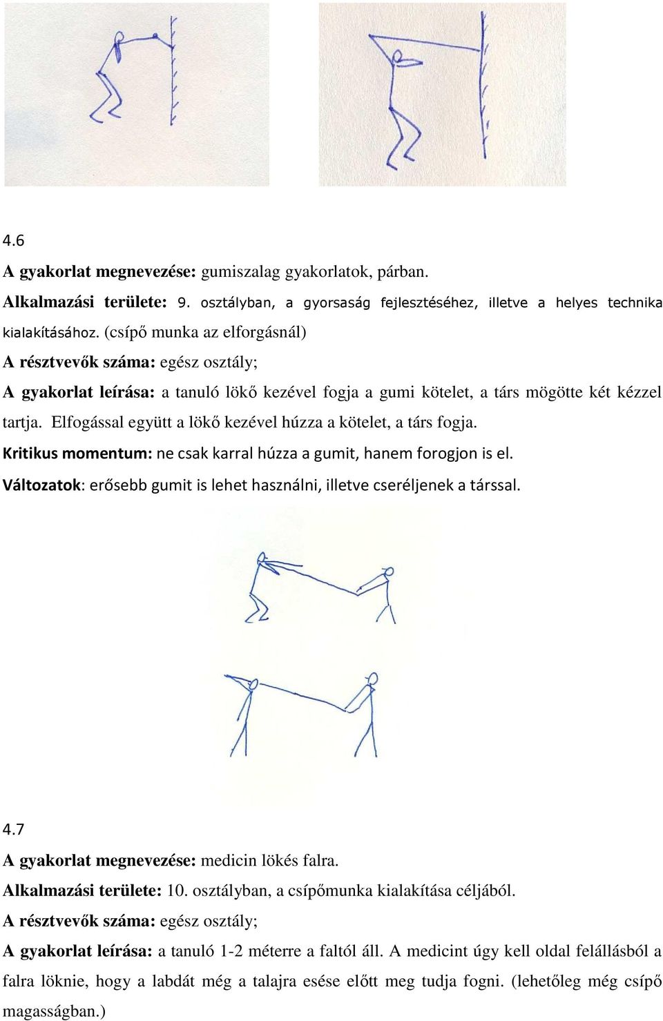 Kritikus momentum: ne csak karral húzza a gumit, hanem forogjon is el. Változatok: erősebb gumit is lehet használni, illetve cseréljenek a társsal. 4.7 A gyakorlat megnevezése: medicin lökés falra.