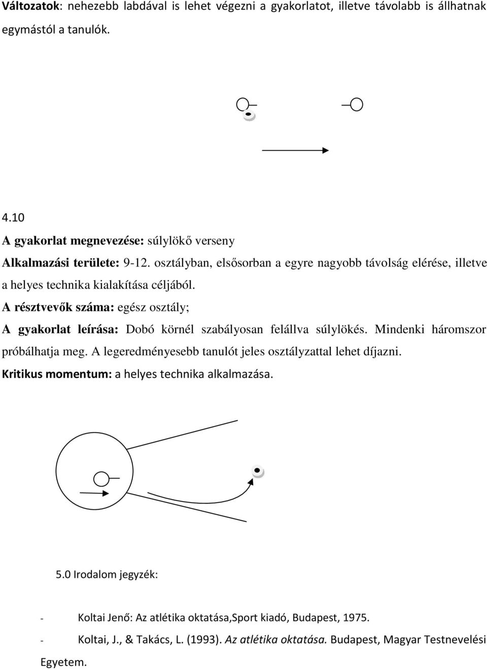 osztályban, elsősorban a egyre nagyobb távolság elérése, illetve a helyes technika kialakítása céljából. ; A gyakorlat leírása: Dobó körnél szabályosan felállva súlylökés.