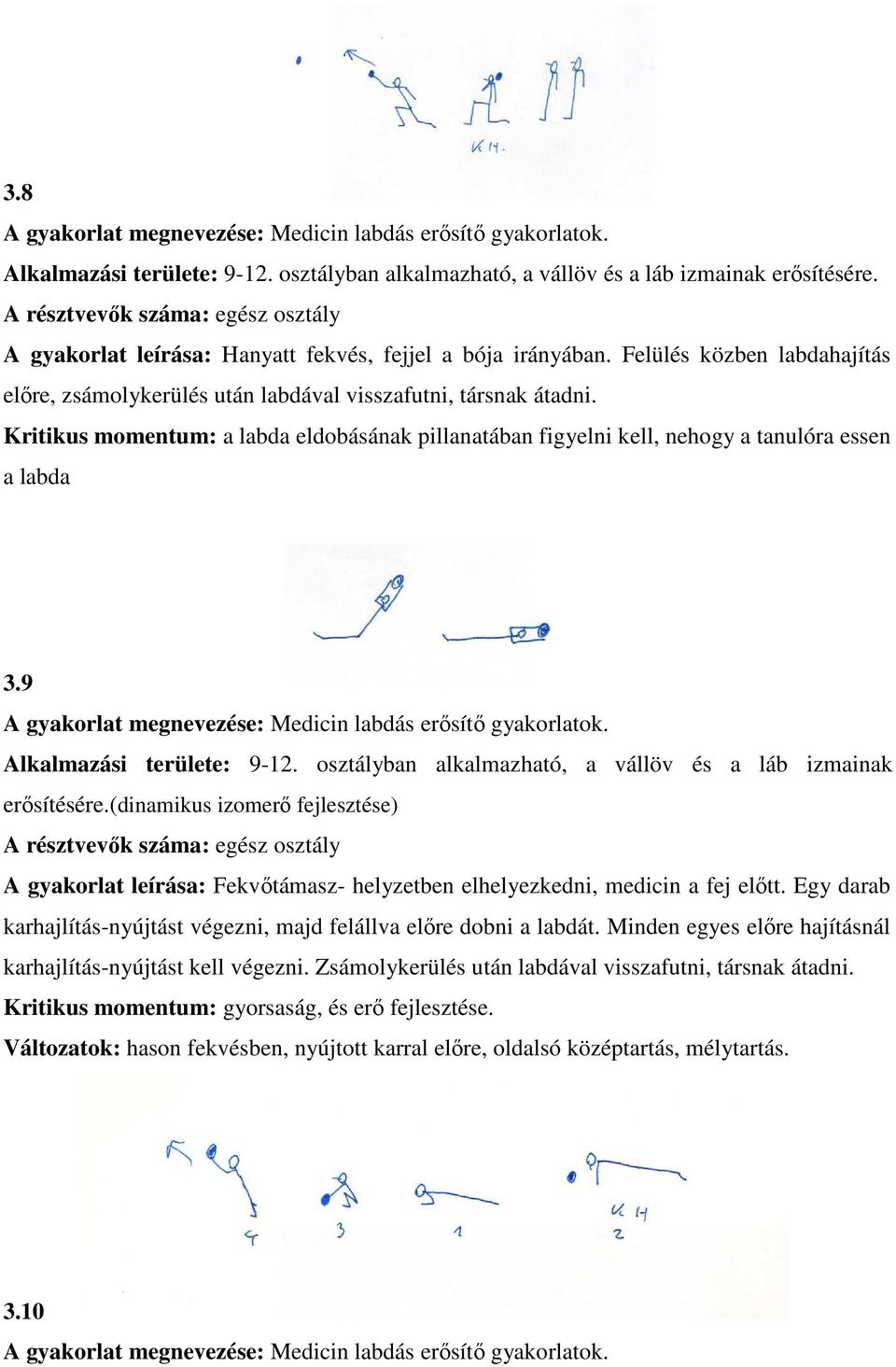 Kritikus momentum: a labda eldobásának pillanatában figyelni kell, nehogy a tanulóra essen a labda 3.9 A gyakorlat megnevezése: Medicin labdás erősítő gyakorlatok. Alkalmazási területe: 9-12.