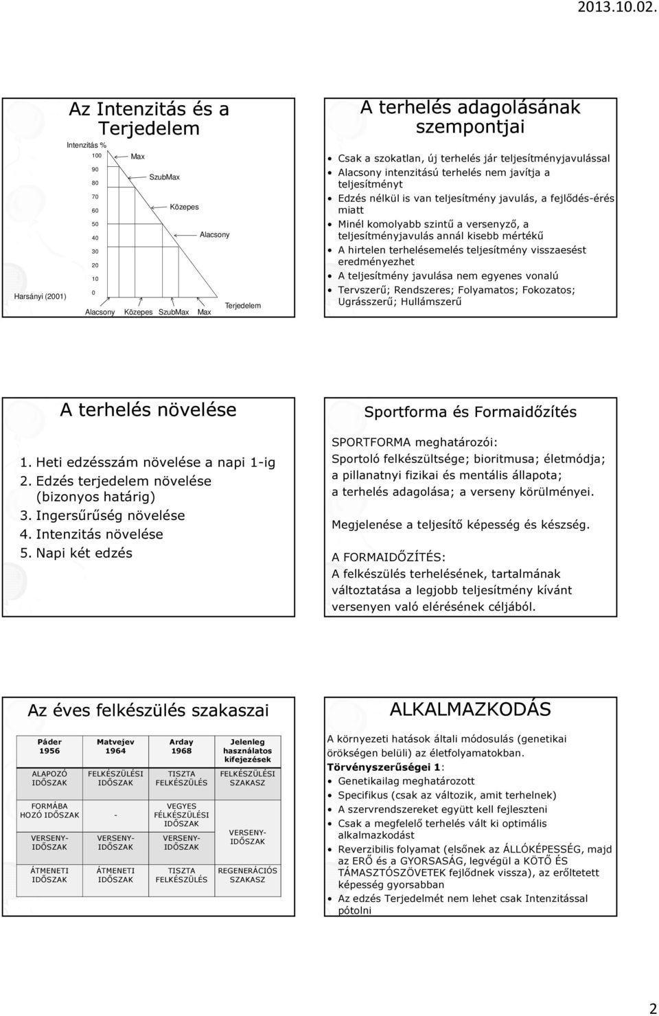 szintű a versenyző, a teljesítményjavulás annál kisebb mértékű A hirtelen terhelésemelés teljesítmény visszaesést eredményezhet A teljesítmény javulása nem egyenes vonalú Tervszerű; Rendszeres;