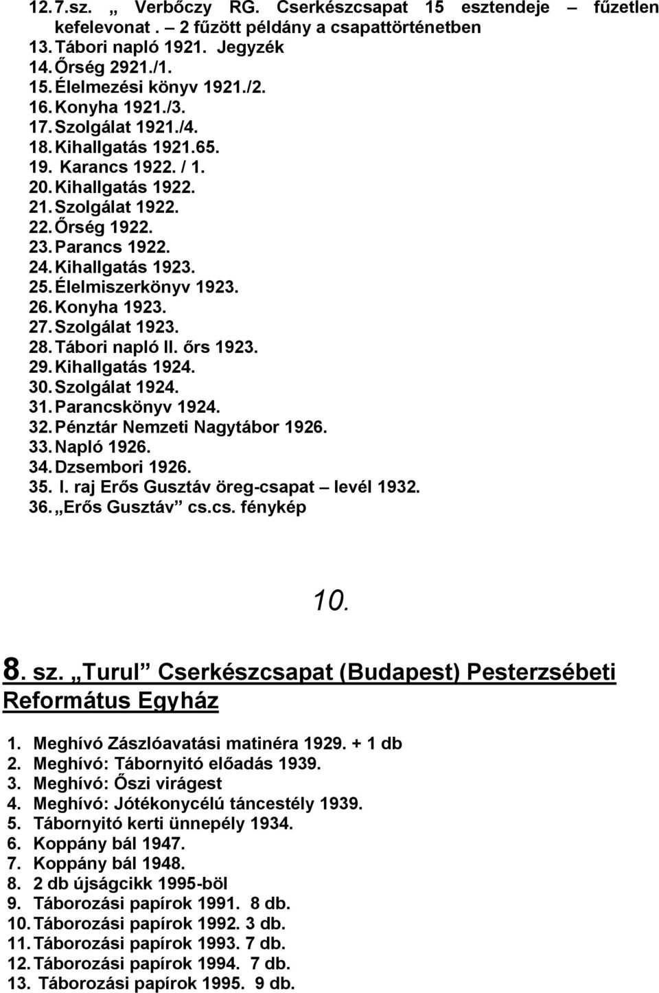 Élelmiszerkönyv 1923. 26. Konyha 1923. 27. Szolgálat 1923. 28. Tábori napló II. őrs 1923. 29. Kihallgatás 1924. 30. Szolgálat 1924. 31. Parancskönyv 1924. 32. Pénztár Nemzeti Nagytábor 1926. 33.