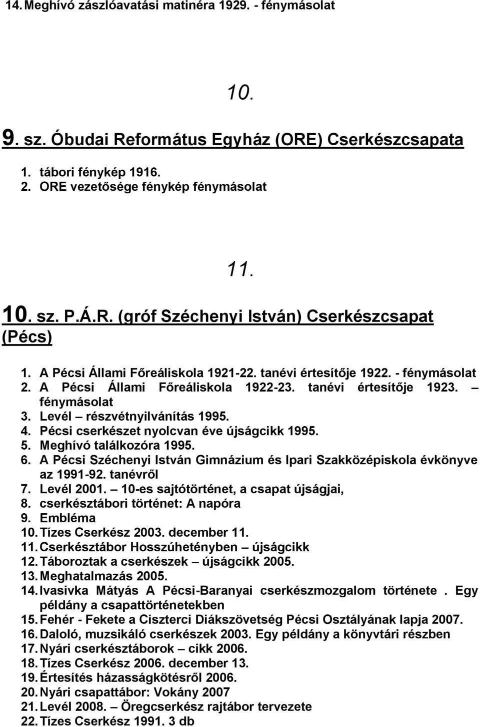 Pécsi cserkészet nyolcvan éve újságcikk 1995. 5. Meghívó találkozóra 1995. 6. A Pécsi Széchenyi István Gimnázium és Ipari Szakközépiskola évkönyve az 1991-92. tanévről 7. Levél 2001.