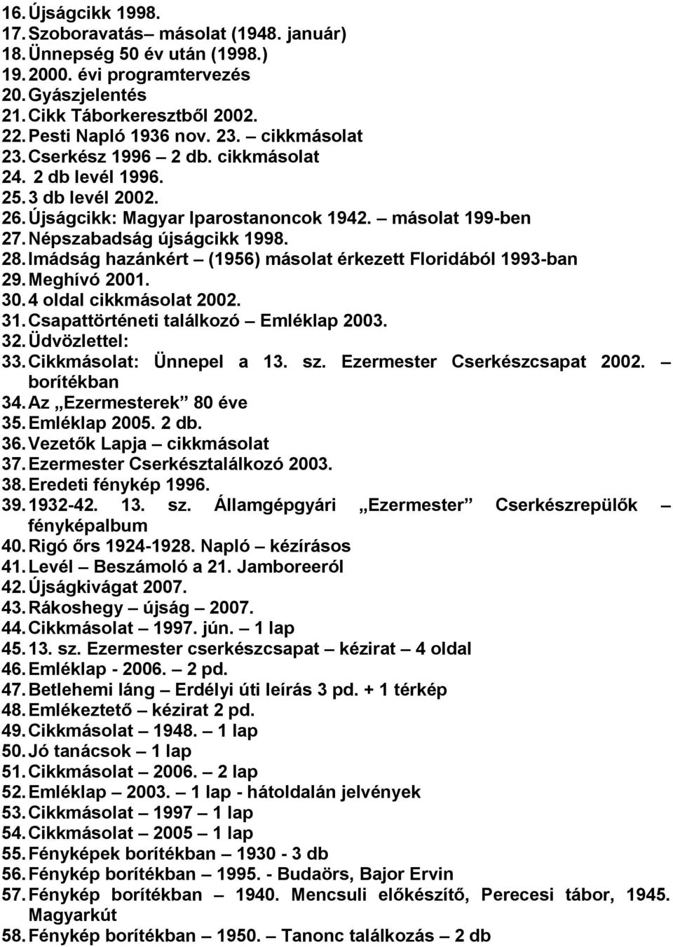 Imádság hazánkért (1956) másolat érkezett Floridából 1993-ban 29. Meghívó 2001. 30. 4 oldal cikkmásolat 2002. 31. Csapattörténeti találkozó Emléklap 2003. 32. Üdvözlettel: 33.