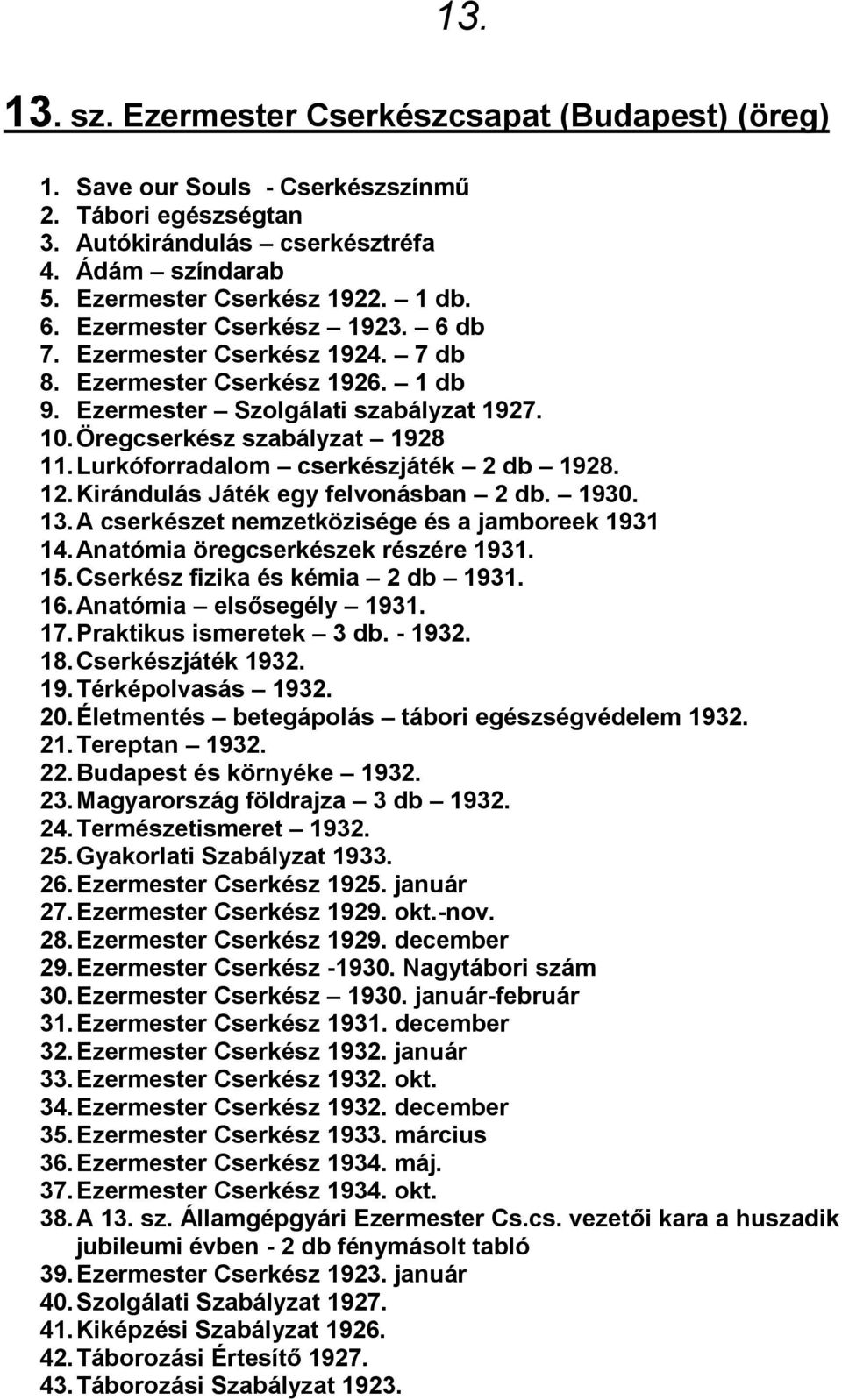 Lurkóforradalom cserkészjáték 2 db 1928. 12. Kirándulás Játék egy felvonásban 2 db. 1930. 13. A cserkészet nemzetközisége és a jamboreek 1931 14. Anatómia öregcserkészek részére 1931. 15.