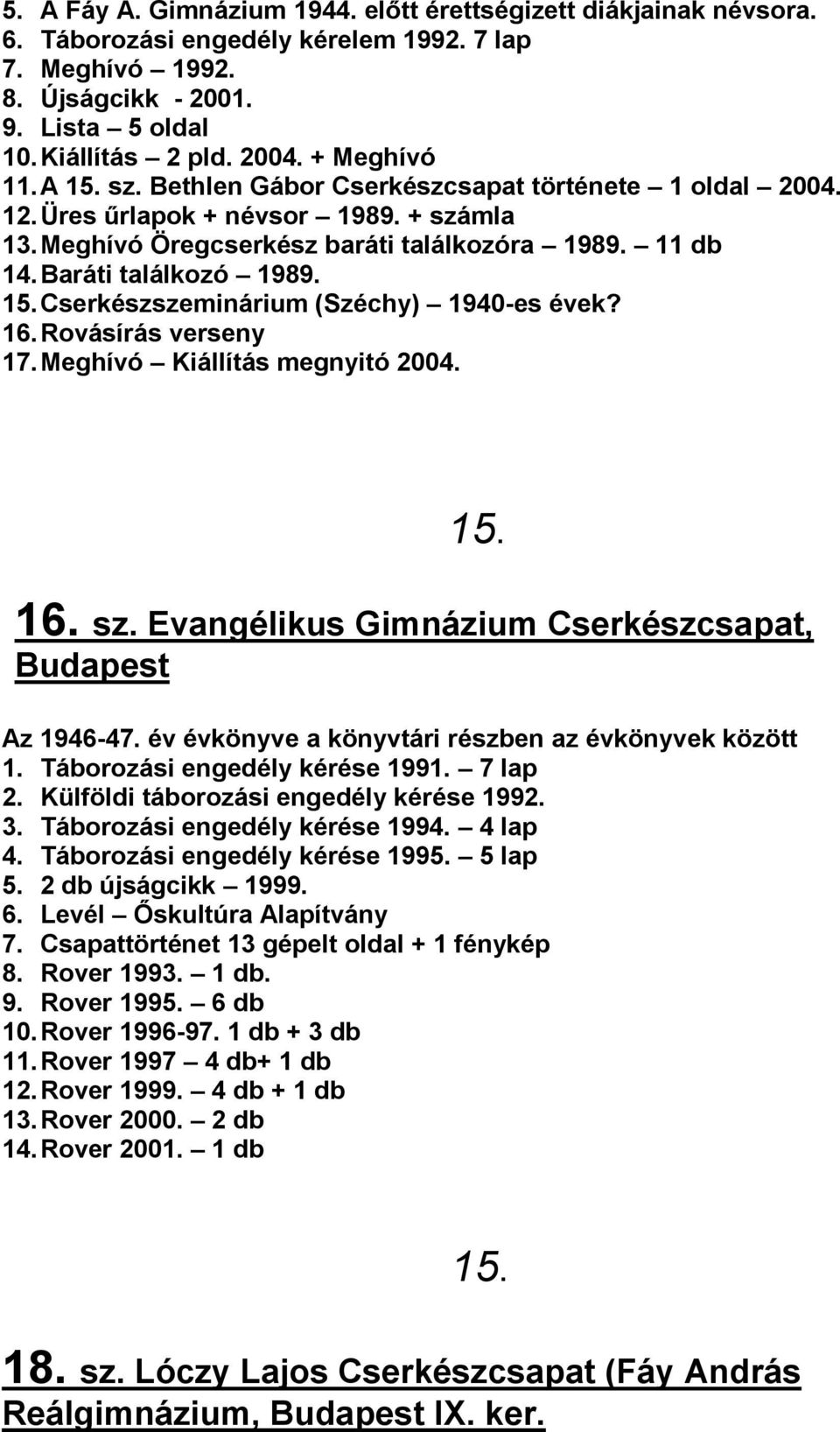 15. Cserkészszeminárium (Széchy) 1940-es évek? 16. Rovásírás verseny 17. Meghívó Kiállítás megnyitó 2004. 15. 16. sz. Evangélikus Gimnázium Cserkészcsapat, Budapest Az 1946-47.