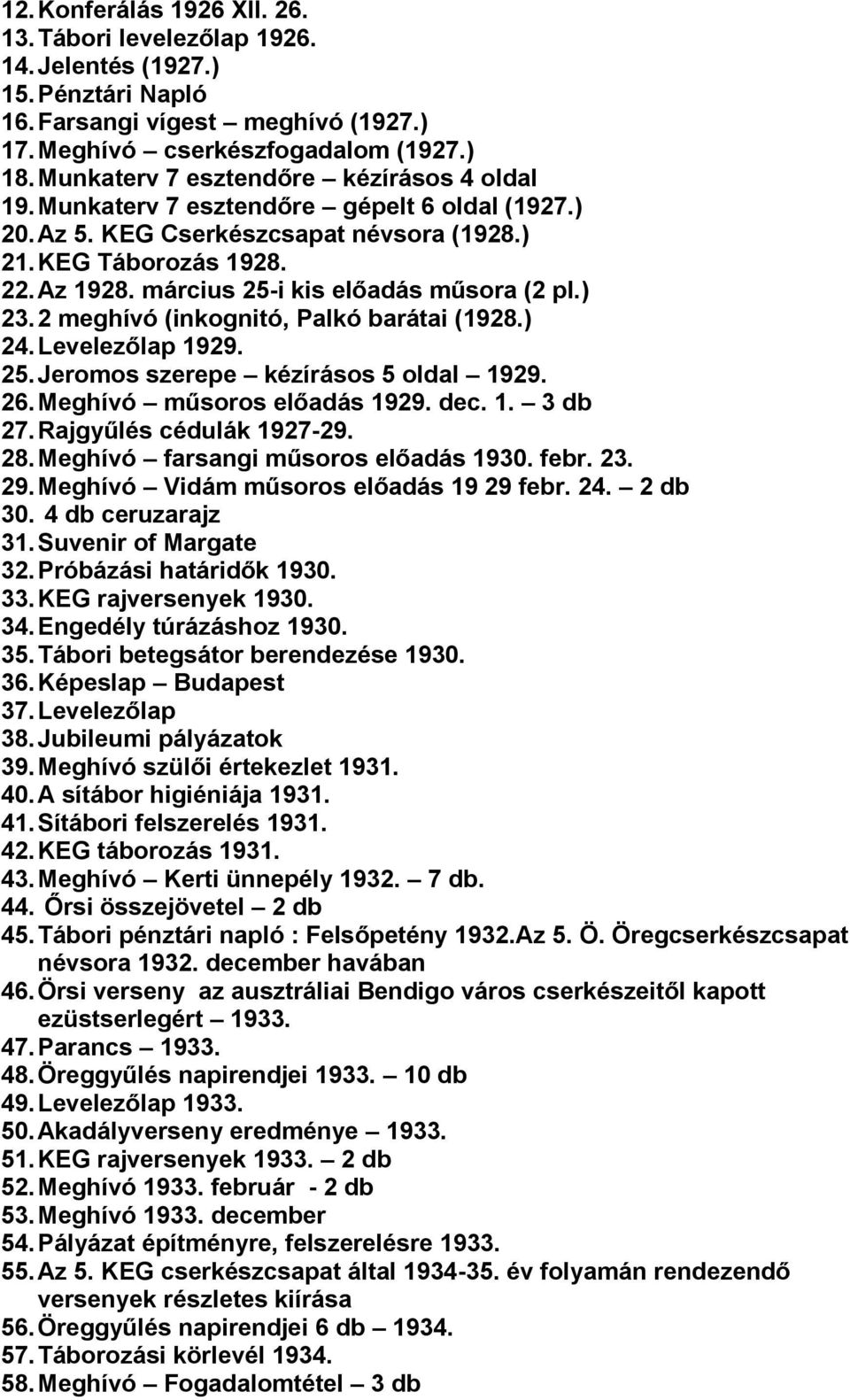 március 25-i kis előadás műsora (2 pl.) 23. 2 meghívó (inkognitó, Palkó barátai (1928.) 24. Levelezőlap 1929. 25. Jeromos szerepe kézírásos 5 oldal 1929. 26. Meghívó műsoros előadás 1929. dec. 1. 3 db 27.