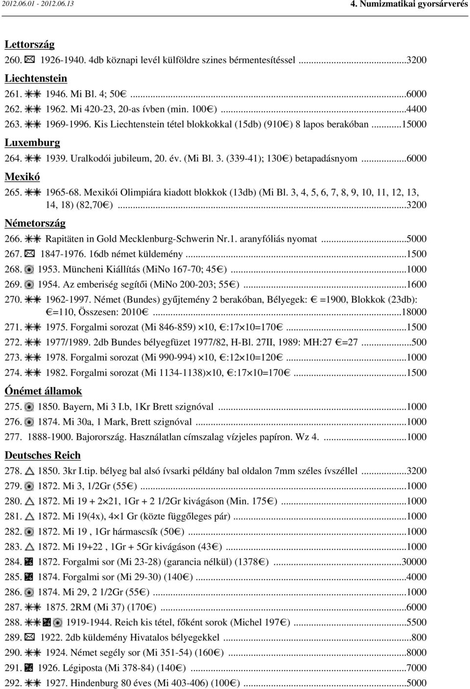 Mexikói Olimpiára kiadott blokkok (13db) (Mi Bl. 3, 4, 5, 6, 7, 8, 9, 10, 11, 12, 13, 14, 18) (82,70 )...3200 Németország 266. Rapitäten in Gold Mecklenburg-Schwerin Nr.1. aranyfóliás nyomat...5000 267.