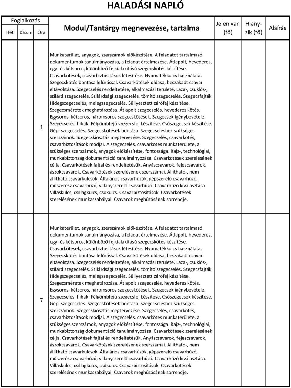 Csavarkötések oldása, beszakadt csavar eltávolítása. Szegecselés rendeltetése, alkalmazási területe. Laza-, csuklós-, szilárd szegecselés. Szilárdsági szegecselés, tömítő szegecselés. Szegecsfajták.