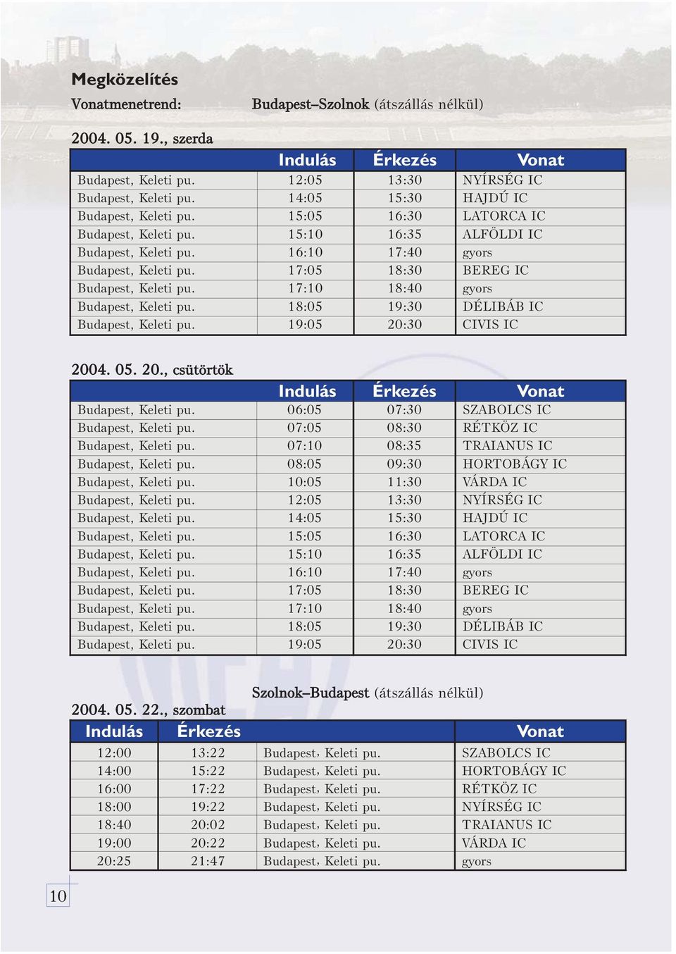 17:05 18:30 BEREG IC Budapest, Keleti pu. 17:10 18:40 gyors Budapest, Keleti pu. 18:05 19:30 DÉLIBÁB IC Budapest, Keleti pu. 19:05 20:30 CIVIS IC 2004. 05. 20., csütörtök Indulás Érkezés Vonat Budapest, Keleti pu.