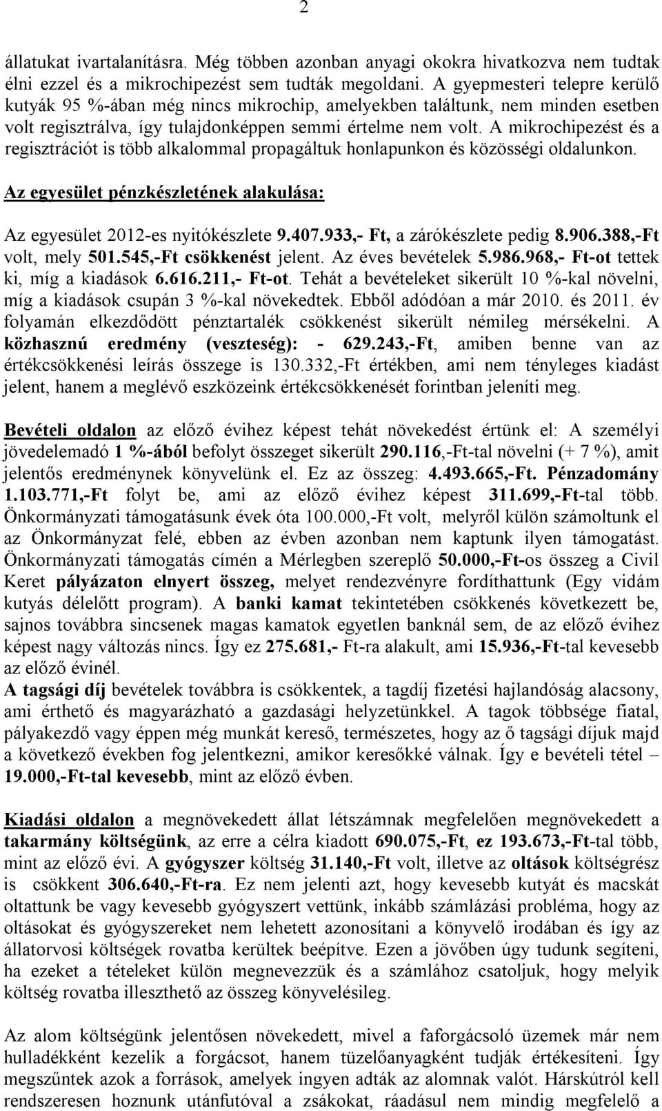 A mikrochipezést és a regisztrációt is több alkalommal propagáltuk honlapunkon és közösségi oldalunkon. Az egyesület pénzkészletének alakulása: Az egyesület 2012-es nyitókészlete 9.407.