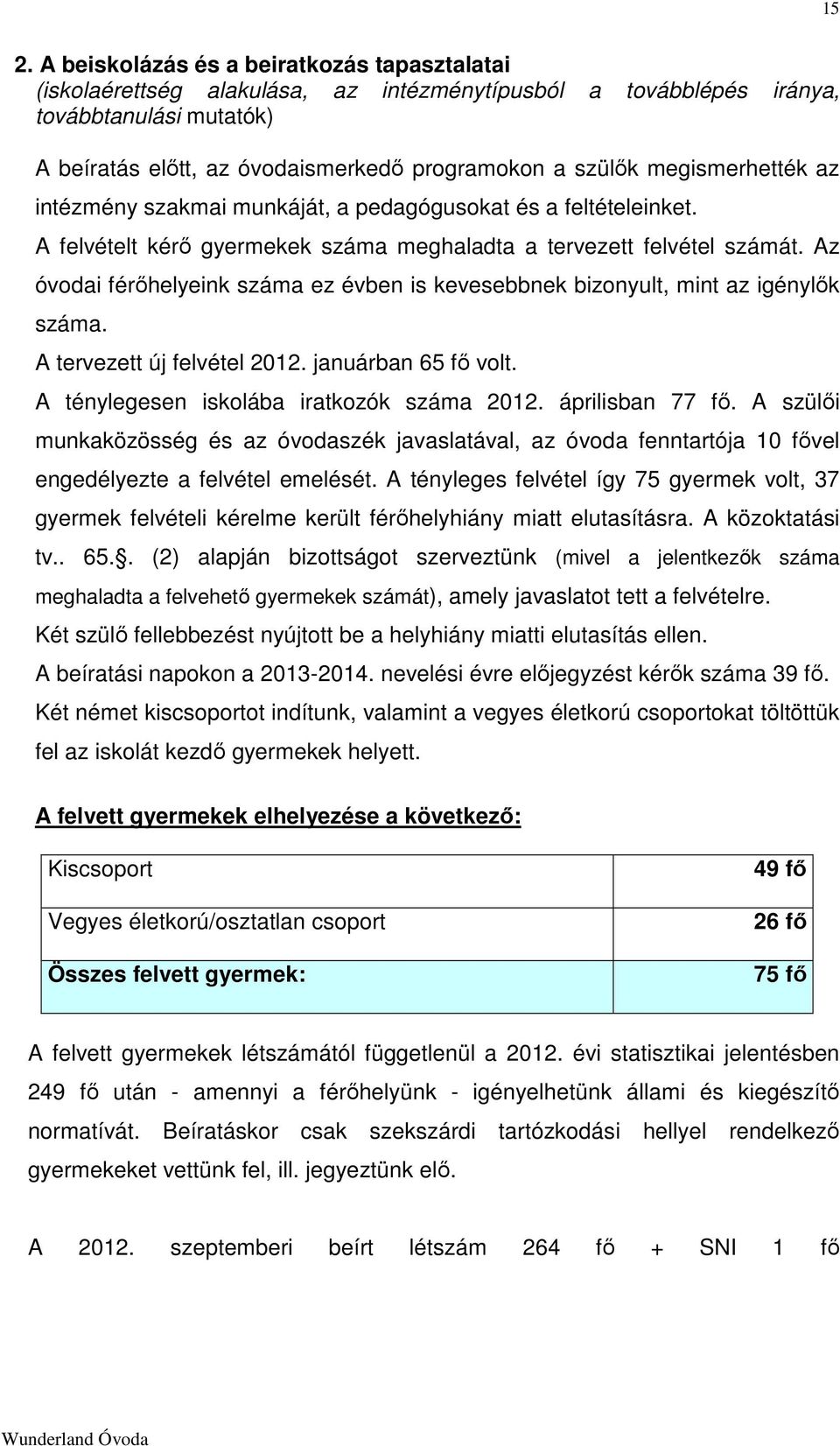 Az óvodai férőhelyeink száma ez évben is kevesebbnek bizonyult, mint az igénylők száma. A tervezett új felvétel 2012. januárban 65 fő volt. A ténylegesen iskolába iratkozók száma 2012.