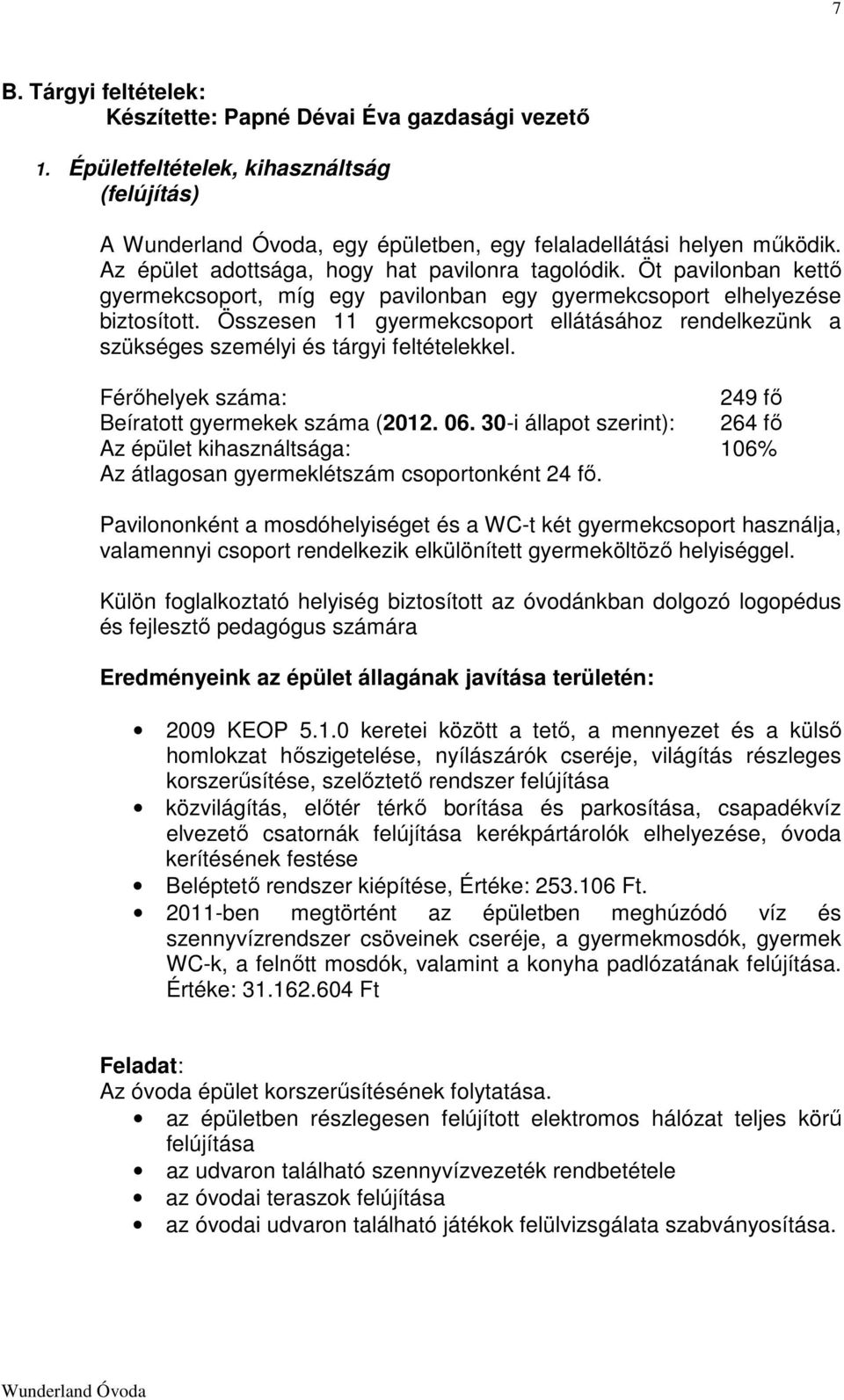 Összesen 11 gyermekcsoport ellátásához rendelkezünk a szükséges személyi és tárgyi feltételekkel. Férőhelyek száma: 249 fő Beíratott gyermekek száma (2012. 06.