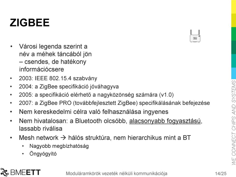 0) 2007: a ZigBee PRO (továbbfejlesztett ZigBee) specifikálásának befejezése Nem kereskedelmi célra való felhasználása ingyenes Nem