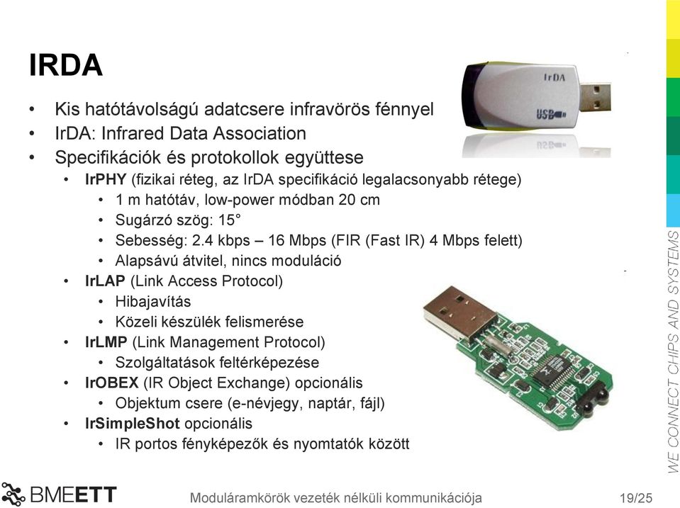 4 kbps 16 Mbps (FIR (Fast IR) 4 Mbps felett) Alapsávú átvitel, nincs moduláció IrLAP (Link Access Protocol) Hibajavítás Közeli készülék felismerése IrLMP (Link