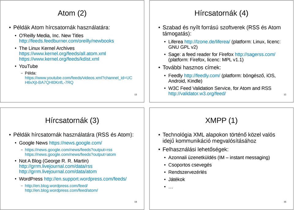 de/liferea/ (platform: Linux, licenc: GNU GPL v2) Sage: a feed reader for Firefox http://sagerss.com/ (platform: Firefox, licenc: MPL v1.1) YouTube Példa: https://www.youtube.com/feeds/videos.xml?