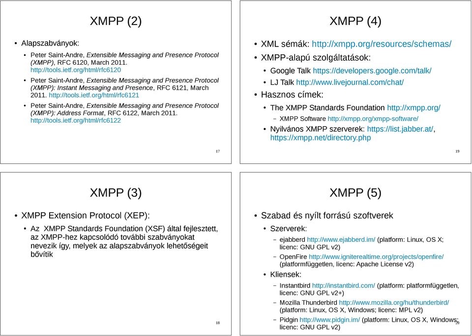 org/html/rfc6121 Peter Saint-Andre, Extensible Messaging and Presence Protocol (XMPP): Address Format, RFC 6122, March 2011. http://tools.ietf.org/html/rfc6122 XML sémák: http://xmpp.