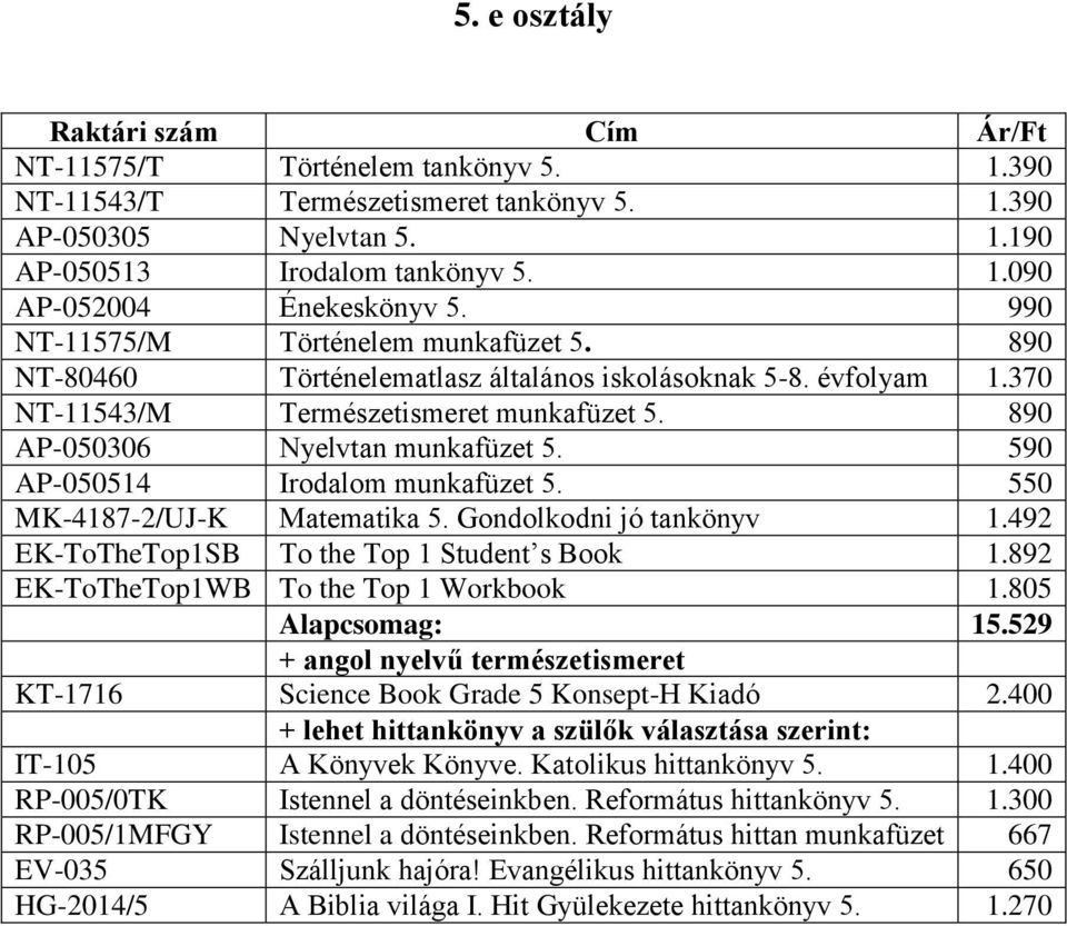 590 AP-050514 Irodalom munkafüzet 5. 550 MK-4187-2/UJ-K Matematika 5. Gondolkodni jó tankönyv 1.492 EK-ToTheTop1SB To the Top 1 Student s Book 1.892 EK-ToTheTop1WB To the Top 1 Workbook 1.