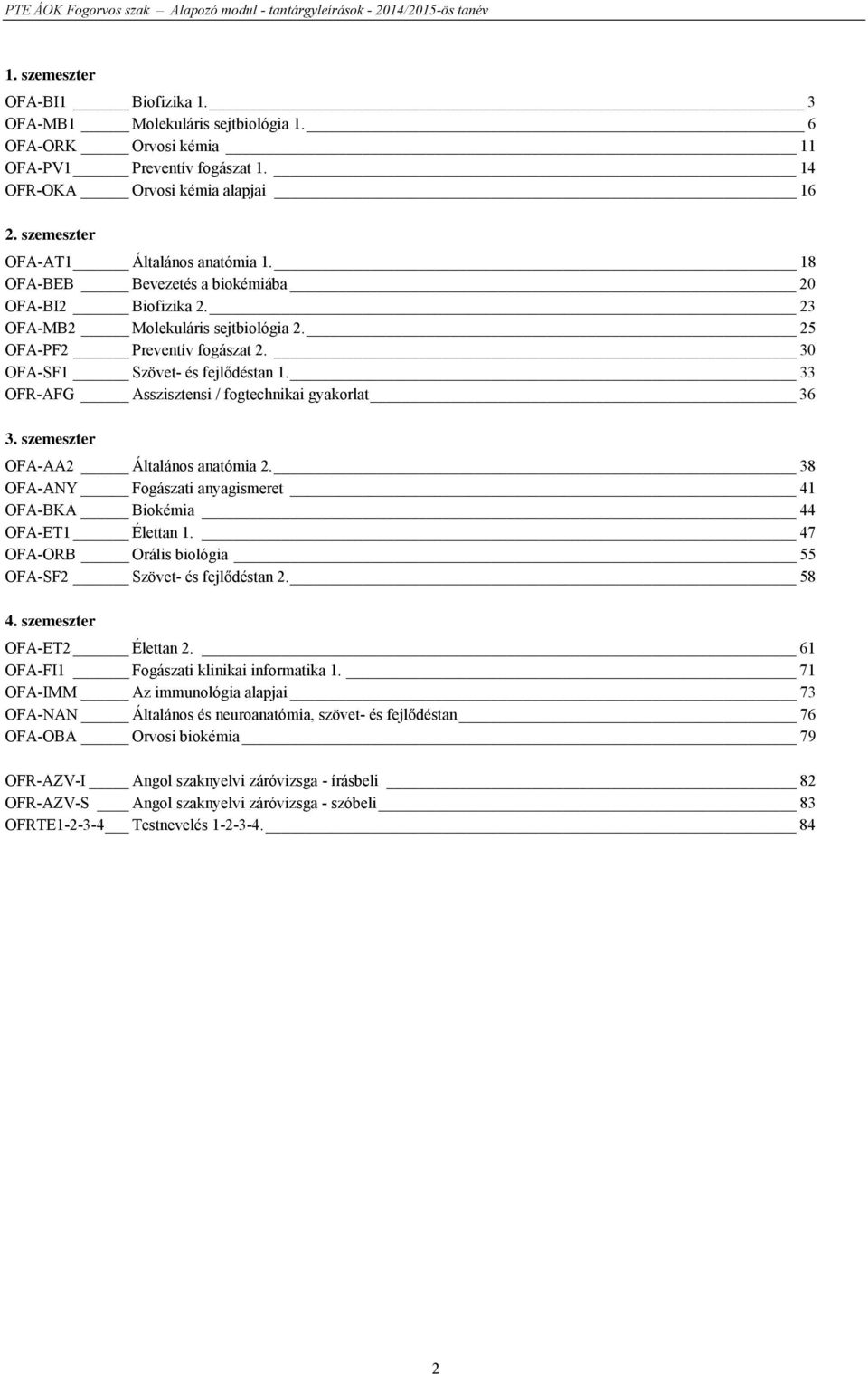 30 OFA-SF1 Szövet- és fejlődéstan 1. 33 OFR-AFG Asszisztensi / fogtechnikai gyakorlat 36 3. szemeszter OFA-AA2 Általános anatómia 2.